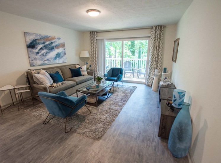 Entertain your family and friends in your spacious living room at Icon Avondale. Couches, chairs, light wood like hard wood floors. and patio.